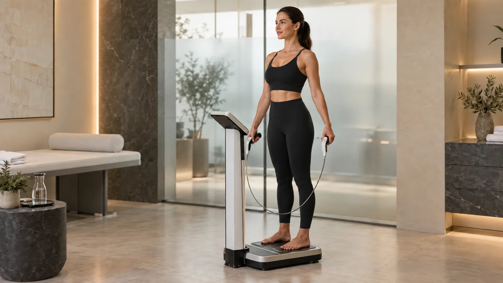 Patient standing barefoot on an InBody-style body composition analyzer while holding its hand electrodes