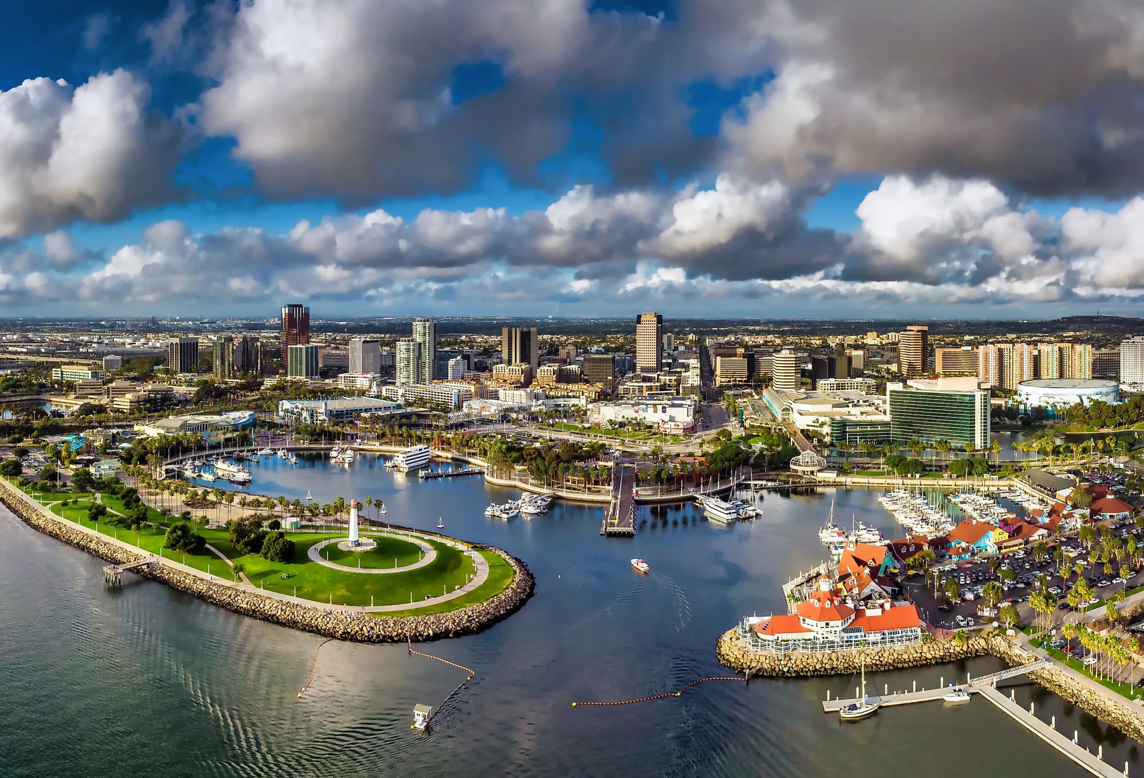 Aerial view of Long Beach, California harbor and skyline