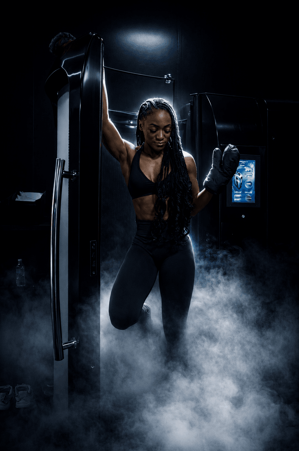 Woman stepping out of cryotherapy chamber at Eleve Newport Beach